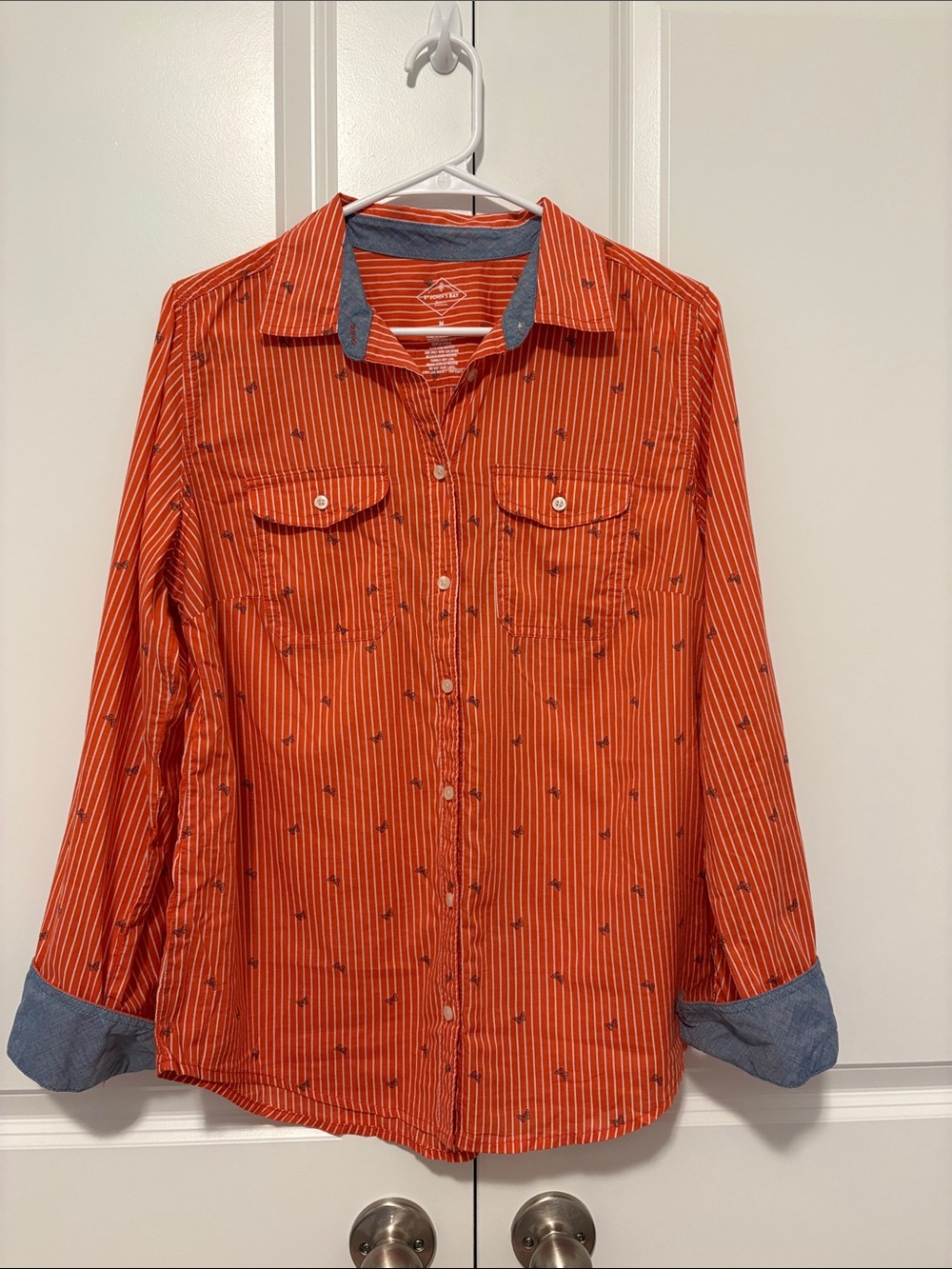 St. John's Bay Orange Striped Button-Down with Navy Dot Print and Chambray Trim